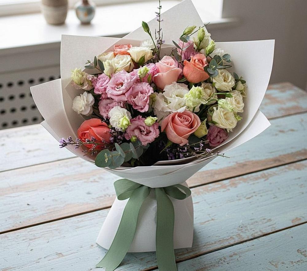 Букет цветов из: Розы, Лизиантусы и Гвоздики в Сясьстройске