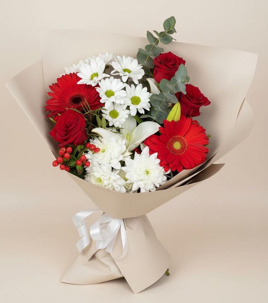 Букет цветов из: Розы, Хризантемы, Герберы и Лилии в Сясьстройске