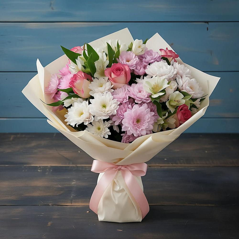 Букет цветов из: Хризантемы, Альстромерии и Розы в Сясьстройске